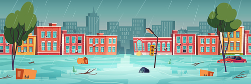 Flood in town, river, water stream on city street. Natural disaster with rainstorm. Vector cartoon illustration of urban landscape with flooded houses, floating car and garbage on road