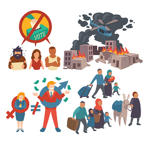 Concept of gender inequality, migration and discrimination. Inequity salary for women, prohibition to vote, war destructions. Vector cartoon clip art of arabic refugees leaving city in fire