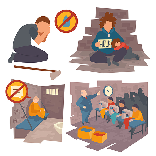 Set of people in trouble, kneel man crying of water lack, prisoner sitting on bed in jail communication ban, poor father with child beg, workers on sewing factory, Cartoon flat vector illustration