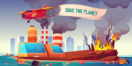 Flying plane with banner Save the planet on background of black smoke from factory, dirty sea shore polluted by waste and forest fire. Environment disaster, air and ocean pollution, deforestation