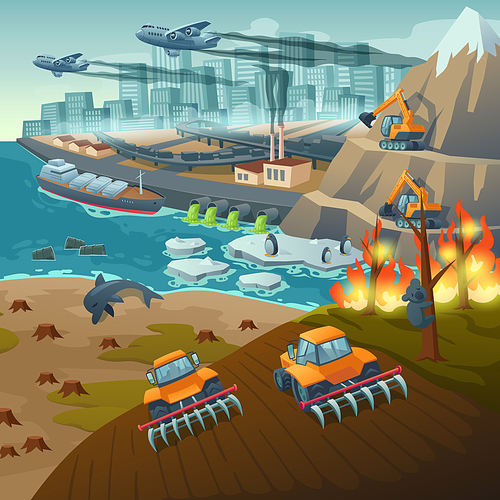 Ecology problems concept, water and air pollution, bushfire and global warming. Vector cartoon illustration of environment contamination by factory, city, plans, agriculture and mining industry