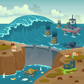 Ecology pollution, oil derrick in polluted ocean and barrels with toxic liquid floating on dirty sea water surface with dam and dying animals, rubbish, ecological problem, Cartoon vector illustration