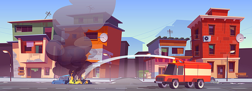 Firetruck extinguishing burning car on ghetto area road. Vector cartoon illustration of cityscape with poor dirty houses, broken car in fire and red emergency truck spraying water