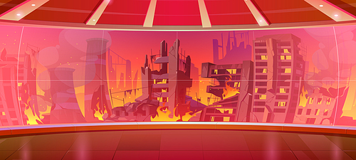City ruins with broken houses, smoke and fire outside panoramic window. Vector cartoon cityscape with destroyed and burning buildings after war or natural disaster outside curved glass wall