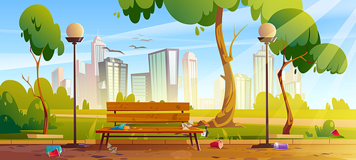 Dirty city park with green trees and grass, wooden bench, lanterns and town buildings on skyline. Vector cartoon summer landscape with empty public garden with garbage, plastic cups, paper and bottles