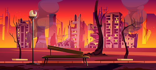 Destroyed city park, war zone, abandoned urban garden with burnt bench, trees and buildings. Destruction, natural disaster or cataclysm, post-apocalyptic world ruins, cartoon vector illustration