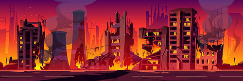 City in fire, war destroy, abandoned burning broken buildings with smoke and flame. Bomb destruction, natural disaster, cataclysm consequences, post-apocalyptic world ruins cartoon vector illustration