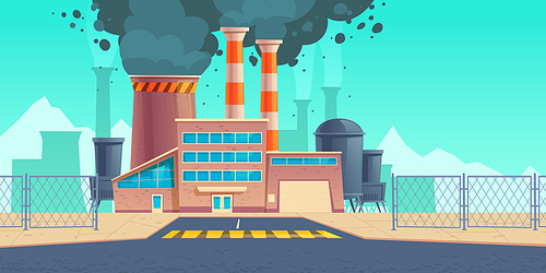 Factory building with black smoke from chimneys. Air pollution by industry production. Vector cartoon landscape with coal power plant or chemical manufacture with dirty clouds from pipes
