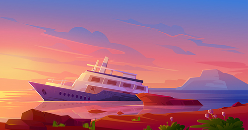 Sunken cruise ship in ocean harbor at sunset. Vector cartoon illustration of tropical summer landscape with old passenger liner sinking in sea water after shipwreck