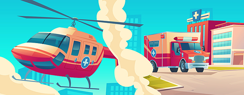 Ambulance service concept, medical helicopter and car rush to the rescue on cityscape background. Emergency team on air and road transport. Medicine aid, hospital call, Cartoon vector illustration