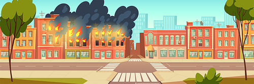 Fire in city house, vector cartoon urban landscape with burning building, red flame with black smoke, danger background