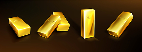 Golden bars, yellow metal ingots. Concept of money investment, solid currency, financial reserve. Vector realistic set of pure gold bullions on dark background. Symbol of treasure, rich savings