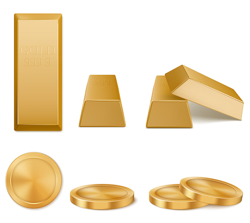 Golden bars, yellow metal ingots and coins isolated on white . Concept of money investment, solid currency, financial reserve. Vector realistic set of pure gold bullions and coins top view