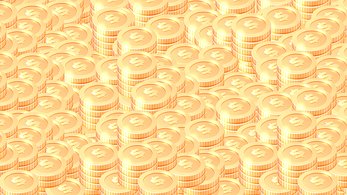 Piles of gold coins background, cartoon vector illustration. Many or golden coins stack with dollar sign