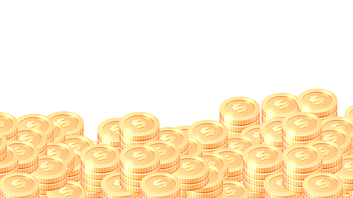 piles of gold coins cartoon vector illustration. many or golden coins stack with dollar sign,  or border isolated on white .