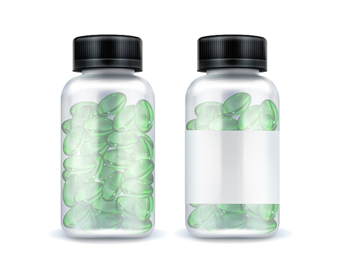 Pills bottle mockup, green medicine capsules, vitamin in transparent pack mock up isolated on white . Remedy package design elements for medical advertising, Realistic 3d vector illustration