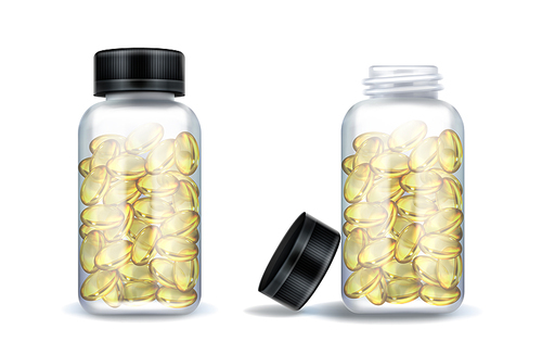 Medicine bottles with clear yellow capsules isolated on white . Vector realistic mockup of glass or plastic transparent container with open and closed black lid. 3d jars with medical drugs