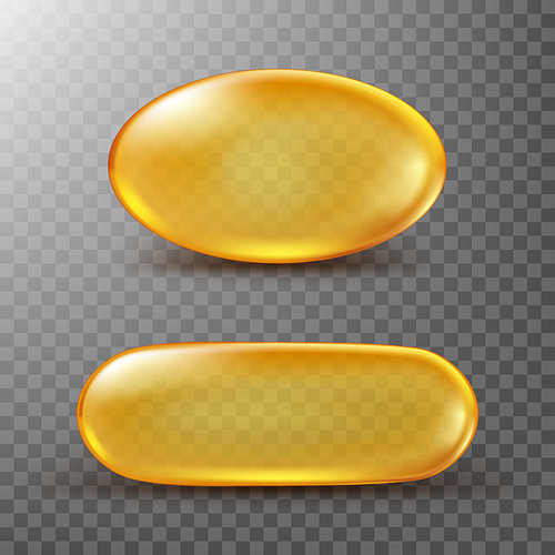 Golden oil capsule of vitamin A, E, Omega 3 or collagen. Vector realistic mockup of medical pill with fish fat or organic cosmetic oil. Clear yellow tablets isolated on transparent background