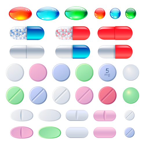Pills, tablets and medicine drugs, colorful capsules with granulated filler. Oval and round medicament painkillers, antibiotics, vitamins, amino acid, mineral, bio active additives, Cartoon vector set