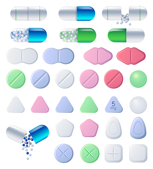 Pills, tablets and medicine drugs, colorful capsules with granulated filler. Oval and round medicament painkillers, antibiotics, vitamins, amino acid, mineral, bio active additives, Cartoon vector set