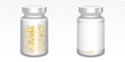 Medicine bottles with yellow pills isolated on transparent . Vector realistic mockup of glass or plastic transparent container with blank label and lid. 3d jars with medical drugs