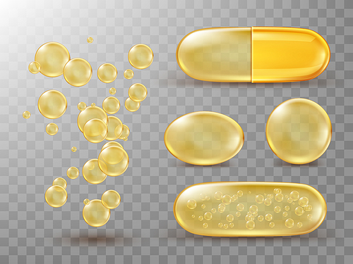 Capsules with oil, gold round and oval pills and filler bubbles isolated on transparent backdrop. Cosmetics, vitamin, omega 3, antibiotic gel, serum droplets, collagen essence, realistic 3d vector set