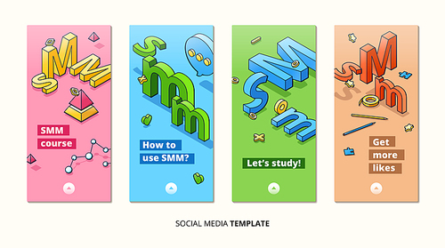 SMM, social media marketing isometric banners. Influencer concept of attracting followers, getting likes or feedbacks, web content promotion strategy, business campaign, 3d vector line art posters