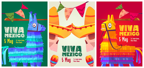 Viva Mexico cartoon flyers, mexican symbols skulls in sombrero, donkey pinatas, garlands and and maracas. Festive invitation for festival, traditional live music party, Mexico holiday vector posters