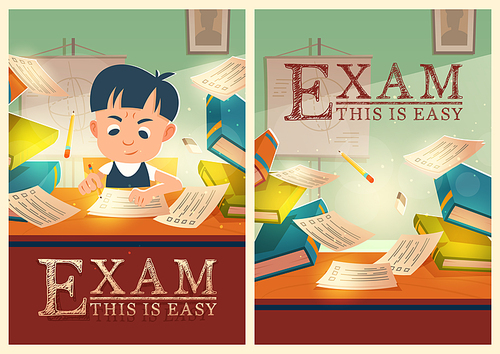 Boy solve test, pass exam in school cartoon posters. Schoolboy filling paper form at examination. Kid sitting at desk with textbooks piles around. Education, student studying, Vector illustration