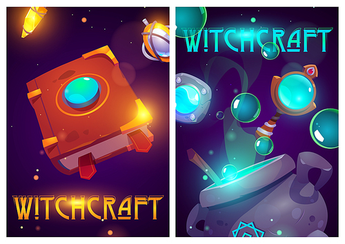 Witchcraft cartoon posters with magician stuff witch cauldron, spell book, crystal globe and amulets. Background for computer game, wizard, alchemy magic school education concept, Vector illustration