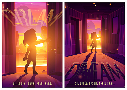 Door to dream cartoon posters with little baby silhouette stand in doorway with beautiful dusk seascape view and sun shining from outside, long child shadow falling on floor, Vector illustration