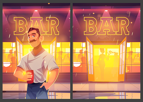 Bar recreation cartoon posters. Man with cup in hand stand front of pub, night cafe entrance. Drinking establishment exterior with people inside. Outdoor beerhouse with signboard, Vector illustration