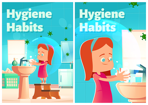 Hygiene habits cartoon posters. Little girl washing hands in home bathroom with coronavirus cells flying around. Child handwashing procedure. Kid lather palms with liquid soap, Vector illustration