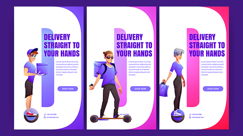 Delivery posters with people on electric unicycle and skate. Vector vertical banners of deliver service with cartoon couriers with box, backpack and bags ride on skateboard and monowheel