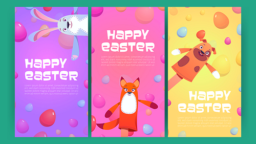 Happy Easter banners with eggs and cute puppets. Vector vertical posters of spring holiday celebration with cartoon illustration of funny bunny, dog and fox toys on hands and colorful eggs