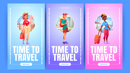 Time to travel banners with tourists with suitcase, backpack and map on cityscape background. Vector vertical posters of vacation trip, tourism with cartoon illustration of people travelers