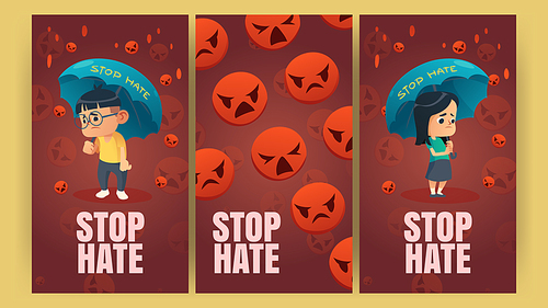 Stop Hate posters with asian kids under umbrellas and falling red angry emoji. Vector vertical banners of protest against racism and hatred with cartoon illustration of sad girl and boy from Asia