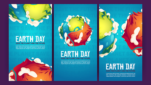 Earth day posters with green planet with dry part. Vector vertical banners of ecology protection, environment care with cartoon illustration of Earth globe with big dirty desert