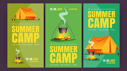 Summer camp cartoon posters with tent, campfire and cauldron with steam food. Invitation for camping adventure on nature, promotion for tourists holidays outdoor hiking activity, Vector illustration