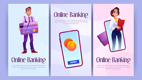 Online banking cartoon posters, money transaction services. Bank worker or assistant wear formal suit holding folder or credit card, smartphone screen with coin, Vector mobile app onboard screen pages