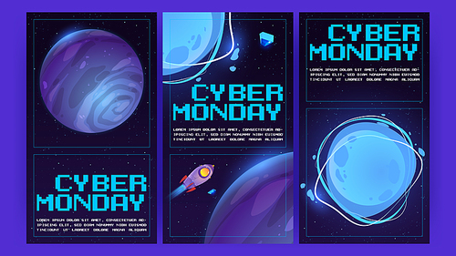 Cyber monday banners with space planets, rocket and pixel art font. Cartoon background for shop sale, store clearance, flyer template for advertising promo, shopping day, price off Vector illustration