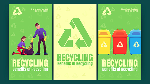 Benefits of recycling infographics posters with people clean up and trash recycle. Volunteers collect garbage, reduce plastic, zero wastes, save nature ecological flyers, Cartoon vector illustration