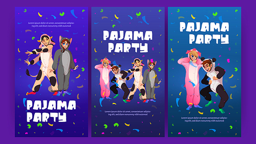 Pajama party cartoon posters. Young people in kigurumi animal jumpsuits rejoice with friends and confetti. Teenagers wear costumes cat, cow, panda and pig, Vector illustration, invitation to club