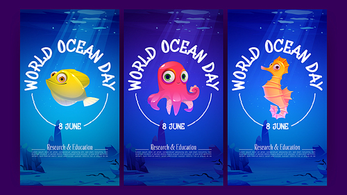 World ocean day cartoon posters with cute underwater animals octopus, fish and sea horse in blue water. Invitation cards template for ecological holiday or event celebration, Cartoon vector flyers set