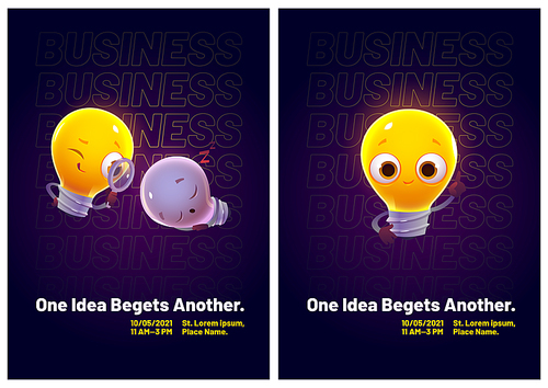 cartoon flyers with funny light bulbs characters glowing, smiling, sleeping and ing solution with magnifying glass. cute lamps express emotions creative invitation posters, vector illustration
