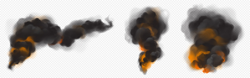 Black smoke clouds with orange backlight from fire. Vector realistic set of dark hot fog streams, smoke from burning flame, fiery smog isolated on transparent background