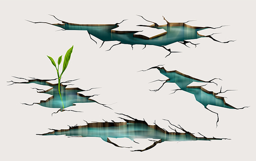 Sprout growing through ground crack with water inside, earthquake cracking holes, ruined land surface crushed texture. Destruction, split damage fissure after disaster Realistic 3d vector illustration