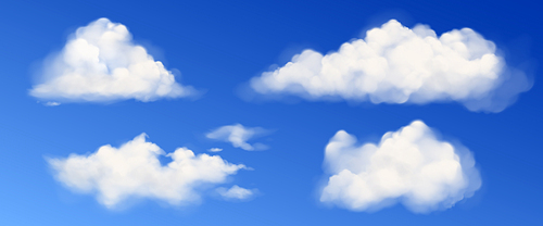 White clouds in blue sky. Vector realistic fluffy different shapes clouds in clean heaven in summer or spring day. Sunny clear weather