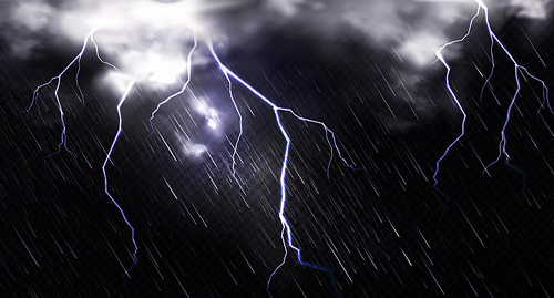 Rain with lightning and clouds in sky at night. Vector realistic illustration of thunderstorm, cold storm weather with wind, rainfall and thunderbolt strikes isolated on transparent