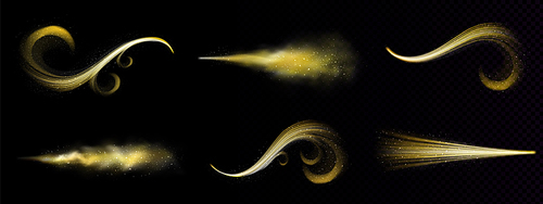 Gold magic spray, fairy glitter dust with golden particles trace. Stardust trails, glow waves with sparks and smoke. Yellow shining shimmer on black background Realistic 3d vector isolated clipart set
